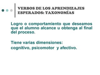 VERBOS DE LOS APRENDIZAJES ESPERADOS: TAXONOMÍAS Logro o comportamiento que deseamos que el alumno alcance u obtenga al final del proceso .  Tiene varias dimensiones: cognitivo, psicomotor  y afectivo. 