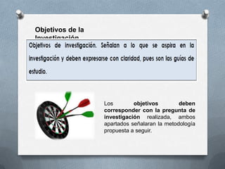 Objetivos de la
Investigación
Los objetivos deben
corresponder con la pregunta de
investigación realizada, ambos
apartados señalaran la metodología
propuesta a seguir.
 