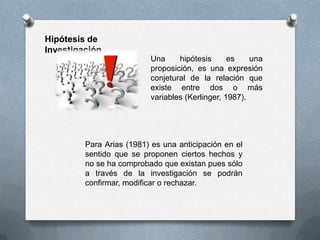 Hipótesis de
Investigación
Una hipótesis es una
proposición, es una expresión
conjetural de la relación que
existe entre dos o más
variables (Kerlinger, 1987).
Para Arias (1981) es una anticipación en el
sentido que se proponen ciertos hechos y
no se ha comprobado que existan pues sólo
a través de la investigación se podrán
confirmar, modificar o rechazar.
 