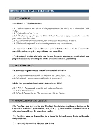 OBJETIVOS GENERALES DEL CENTRO:


  A) PEDAGÓGICOS:

  A.1. Mejorar el rendimiento escolar:

  A.1.1.Generalizando la adecuación de las programaciones de aula y de la evaluación a las
  CCBB.
  A.1.2. Aplicando el Plan Lector
  A.1.3. Planificando espacios que posibiliten la flexibilidad en el agrupamiento del alumnado
  para atender a la diversidad.
  A.1.4. Estableciendo criterios comunes para la selección de alumnado de apoyo.
  A.1.5 Elaborando un plan de actividades complementarias y extraescolares.

  A.2. Fomentar la Educación Ambiental y para la Salud, orientada hacia el desarrollo
  sostenible con buenas prácticas y estilos de vida saludables.

  A.3. Orientar al profesorado hacia una línea de formación permanente, partiendo de sus
  propias necesidades y creando para ello los espacios adecuados. (Semiarios)


  B) DE CONVIVENCIA:

  B.1. Favorecer la participación de toda la comunidad educativa.

  B.1.1. Planificando reuniones entre las directivas del Centro y del AMPA.
  B.1.2. Realizando reuniones con los delegados de grupo-nivel.

  B.2. Revisar y actualizar los siguientes apartados del P.E.C.

  B.2.1. N.O.F. y Protocolo de actuación ante su incumplimiento.
  B.2.2. Plan de convivencia
  B.2.3. Plan de Evacuación del Plan de Autoprotección del Centro.


  C) ORGANIZATIVOS Y DE GESTIÓN:

  C.1. Planificar una intervención coordinada de los distintos servicios que inciden en la
  Comunidad Educativa (Ayuntamiento, APA, EOEP,….), dedicando una especial atención a
  solucionar los problemas del absentismo escolar.

  C.2. Establecer espacios de coordinación y formación del profesorado dentro del horario
  complementario.

  C.3. Finalizar y actualizar el Proyecto de Gestión.
 