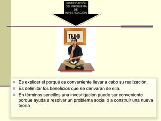 JUSTIFICACIÓN
                           DEL PROBLEMA
                                 DE
                           INVESTIGACIÓN




 Es explicar el porqué es conveniente llevar a cabo su realización.
 Es delimitar los beneficios que se derivaran de ella.
 En términos sencillos una investigación puede ser conveniente
   porque ayuda a resolver un problema social ó a construir una nueva
   teoría
 