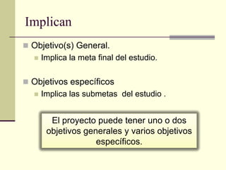 Implican
 Objetivo(s) General.
     Implica la meta final del estudio.

 Objetivos específicos
     Implica las submetas del estudio .


        El proyecto puede tener uno o dos
       objetivos generales y varios objetivos
                    específicos.
 