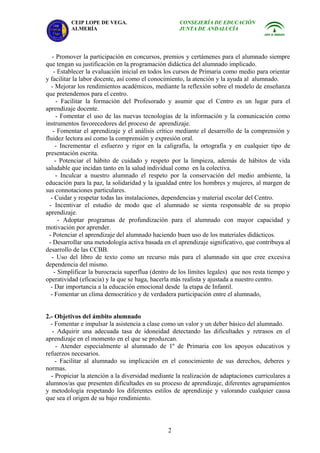 CEIP LOPE DE VEGA.                         CONSEJERÍA DE EDUCACIÓN
          ALMERÍA                                    JUNTA DE ANDALUCÍA




    - Promover la participación en concursos, premios y certámenes para el alumnado siempre
que tengan su justificación en la programación didáctica del alumnado implicado.
     - Establecer la evaluación inicial en todos los cursos de Primaria como medio para orientar
y facilitar la labor docente, así como el conocimiento, la atención y la ayuda al alumnado.
   - Mejorar los rendimientos académicos, mediante la reflexión sobre el modelo de enseñanza
que pretendemos para el centro.
       - Facilitar la formación del Profesorado y asumir que el Centro es un lugar para el
aprendizaje docente.
      - Fomentar el uso de las nuevas tecnologías de la información y la comunicación como
instrumentos favorecedores del proceso de aprendizaje.
    - Fomentar el aprendizaje y el análisis crítico mediante el desarrollo de la comprensión y
fluidez lectora así como la comprensión y expresión oral.
      - Incrementar el esfuerzo y rigor en la caligrafía, la ortografía y en cualquier tipo de
presentación escrita.
      - Potenciar el hábito de cuidado y respeto por la limpieza, además de hábitos de vida
saludable que incidan tanto en la salud individual como en la colectiva.
      - Inculcar a nuestro alumnado el respeto por la conservación del medio ambiente, la
educación para la paz, la solidaridad y la igualdad entre los hombres y mujeres, al margen de
sus connotaciones particulares.
   - Cuidar y respetar todas las instalaciones, dependencias y material escolar del Centro.
  - Incentivar el estudio de modo que el alumnado se sienta responsable de su propio
aprendizaje.
        - Adoptar programas de profundización para el alumnado con mayor capacidad y
motivación por aprender.
  - Potenciar el aprendizaje del alumnado haciendo buen uso de los materiales didácticos.
  - Desarrollar una metodología activa basada en el aprendizaje significativo, que contribuya al
desarrollo de las CCBB.
   - Uso del libro de texto como un recurso más para el alumnado sin que cree excesiva
dependencia del mismo.
     - Simplificar la burocracia superflua (dentro de los límites legales) que nos resta tiempo y
operatividad (eficacia) y la que se haga, hacerla más realista y ajustada a nuestro centro.
   - Dar importancia a la educación emocional desde la etapa de Infantil.
   - Fomentar un clima democrático y de verdadera participación entre el alumnado,


2.- Objetivos del ámbito alumnado
  - Fomentar e impulsar la asistencia a clase como un valor y un deber básico del alumnado.
   - Adquirir una adecuada tasa de idoneidad detectando las dificultades y retrasos en el
aprendizaje en el momento en el que se produzcan.
    - Atender especialmente al alumnado de 1º de Primaria con los apoyos educativos y
refuerzos necesarios.
    - Facilitar al alumnado su implicación en el conocimiento de sus derechos, deberes y
normas.
  - Propiciar la atención a la diversidad mediante la realización de adaptaciones curriculares a
alumnos/as que presenten dificultades en su proceso de aprendizaje, diferentes agrupamientos
y metodología respetando los diferentes estilos de aprendizaje y valorando cualquier causa
que sea el origen de su bajo rendimiento.




                                                2
 