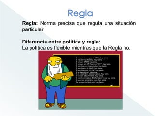 Regla: Norma precisa que regula una situación
particular
Diferencia entre política y regla:
La política es flexible mientras que la Regla no.
 