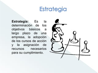 Estrategia: Es la
determinación de los
objetivos básicos a
largo plazo de una
empresa, la adopción
de los cursos de acción
y la asignación de
recursos necesarios
para su cumplimiento.
 