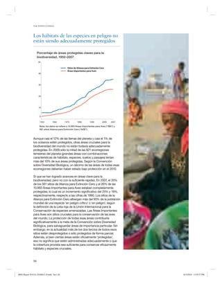 NACIONES UNIDAS




               Los hábitats de las especies en peligro no
               están siendo adecuadamente protegidos

                    Porcentaje de áreas protegidas claves para la
                    biodiversidad, 1950-2007
                    50

                                                Sitios de Alianza para Extinción Cero
                                                Áreas Importantes para Aves
                     40




                     30




                     20




                     10


                      0

                      1950         1960       1970       1980         1990         2000   2007
                      Nota: los datos se reﬁere a 10.993 Áreas Importantes para Aves (“IBA”) y
                      561 sitios Alianza para Extinción Cero (“AZE”).



               Aunque casi el 12% de las tierras del planeta y casi el 1% de
               los océanos estén protegidos, otras áreas cruciales para la
               biodiversidad del mundo no están todavía adecuadamente
               protegidas. En 2009 sólo la mitad de las 821 ecorregiones
               terrestres del planeta (grandes áreas con combinaciones
               características de hábitats, especies, suelos y paisajes) tenían
               más del 10% de sus áreas protegidas. Según la Convención
               sobre Diversidad Biológica, un décimo de las áreas de todas esas
               ecorregiones deberían haber estado bajo protección en el 2010.

               Sí que se han logrado avances en áreas clave para la
               biodiversidad, pero no con la suficiente rapidez. En 2007, el 35%
               de los 561 sitios de Alianza para Extinción Cero y el 26% de las
               10.993 Áreas Importantes para Aves estaban completamente
               protegidas, lo cual es un incremento significativo del 25% y 19%,
               respectivamente, respecto a las cifras de 1990. Los sitios de la
               Alianza para Extinción Cero albergan más del 95% de la población
               mundial de una especie ‘en peligro crítico’ o ‘en peligro’, según
               la definición de la Lista roja de la Unión Internacional para la
               Conservación de especies amenazadas. Las Áreas Importantes
               para Aves son sitios cruciales para la conservación de las aves
               del mundo. La protección de todas esas áreas contribuiría
               significativamente a la meta de la Convención sobre Diversidad
               Biológica, para salvaguardar áreas de importancia particular. Sin
               embargo, en la actualidad más de los dos tercios de todos esos
               sitios están desprotegidos o sólo protegidos de forma parcial.
               Además, si bien ciertas áreas están oficialmente ‘protegidas’,
               eso no significa que estén administradas adecuadamente o que
               la cobertura provista sea suficiente para conservar eficazmente
               hábitats y especies cruciales.



               56



MDG Report 2010 Es 20100612 r9.indd Sec1:56                                                      6/15/2010 12:59:27 PM
 