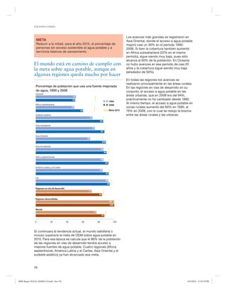 NACIONES UNIDAS




                                                                                                               Los avances más grandes se registraron en
                 META                                                                                          Asia Oriental, donde el acceso a agua potable
                 Reducir a la mitad, para el año 2015, el porcentaje de                                        mejoró casi un 30% en el período 1990-
                 personas sin acceso sostenible al agua potable y a                                            2008. Si bien la cobertura también aumentó
                 servicios básicos de saneamiento                                                              en África subsahariana (22% en el mismo
                                                                                                               período), sigue siendo muy baja, pues sólo
                                                                                                               alcanza al 60% de la población. En Oceanía
               El mundo está en camino de cumplir con                                                          no hubo avances en ese período de casi 20
               la meta sobre agua potable, aunque en                                                           años y la cobertura sigue siendo muy baja
                                                                                                               (alrededor de 50%).
               algunas regiones queda mucho por hacer
                                                                                                               En todas las regiones los avances se
                                                                                                               realizaron principalmente en las áreas rurales.
                 Porcentaje de población que usa una fuente mejorada                                           En las regiones en vías de desarrollo en su
                 de agua, 1990 y 2008                                                                          conjunto, el acceso a agua potable en las
                 Oceanía
                                                        51                                                     áreas urbanas, que en 2008 era del 94%,
                                                       50                                                      prácticamente no ha cambiado desde 1990.
                                                                                                   1990
                 África subsahariana                                                                           Al mismo tiempo, el acceso a agua potable en
                                                                                                   2008
                                                       49                                                      zonas rurales aumentó del 60% en 1990, al
                                                             60                                    Meta 2015   76% en 2008, con lo cual se redujo la brecha
                 Sudeste asiático                                                                              entre las áreas rurales y las urbanas.
                                                                    72
                                                                                    86
                 Asia meridional
                                                                         75
                                                                                    87
                 Asia Oriental
                                                                   69
                                                                                         89
                 Asia Occidental
                                                                                    86
                                                                                         90
                 Africa septentrional
                                                                                    86
                                                                                          92
                 América Latina y el Caribe
                                                                                    85
                                                                                              93
                 CEI
                                                                                          92
                                                                                           94
                 Regiones en vías de desarrollo
                                                                    71
                                                                                84
                 Regiones desarrolladas
                                                                                                   99
                                                                                                   100
                 Mundo
                                                                          77
                                                                                     87

                0                20               40          60               80                     100


               Si continuara la tendencia actual, el mundo satisfaría o
               incluso superaría la meta de ODM sobre agua potable en
               2015. Para esa época se calcula que el 86% de la población
               de las regiones en vías de desarrollo tendrá acceso a
               mejores fuentes de agua potable. Cuatro regiones (África
               septentrional, América Latina y el Caribe, Asia Oriental y el
               sudeste asiático) ya han alcanzado esa meta.



               58



MDG Report 2010 Es 20100612 r9.indd Sec1:58                                                                                                               6/15/2010 12:59:29 PM
 
