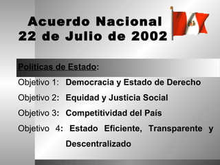 Acuerdo Nacional
22 de Julio de 2002

Políticas de Estado:
Objetivo 1: Democracia y Estado de Derecho
Objetivo 2: Equidad y Justicia Social
Objetivo 3: Competitividad del País
Objetivo 4: Estado Eficiente, Transparente y
           Descentralizado
 