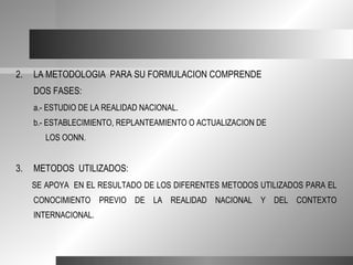 2.   LA METODOLOGIA PARA SU FORMULACION COMPRENDE
     DOS FASES:
     a.- ESTUDIO DE LA REALIDAD NACIONAL.
     b.- ESTABLECIMIENTO, REPLANTEAMIENTO O ACTUALIZACION DE
        LOS OONN.


3.   METODOS UTILIZADOS:
     SE APOYA EN EL RESULTADO DE LOS DIFERENTES METODOS UTILIZADOS PARA EL
     CONOCIMIENTO PREVIO DE LA REALIDAD NACIONAL Y DEL CONTEXTO
     INTERNACIONAL.
 