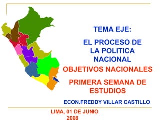 TEMA EJE: EL PROCESO DE LA POLITICA NACIONAL OBJETIVOS NACIONALES PRIMERA SEMANA DE ESTUDIOS ECON.FREDDY VILLAR CASTILLO LIMA, 01 DE JUNIO  2008  