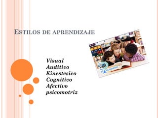 ESTILOS DE APRENDIZAJE

Visual
Auditivo
Kinestesico
Cognitivo
Afectivo
psicomotriz

 