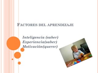 FACTORES DEL APRENDIZAJE
Inteligencia (saber)
Experiencia(saber)
Motivación(querer)

 