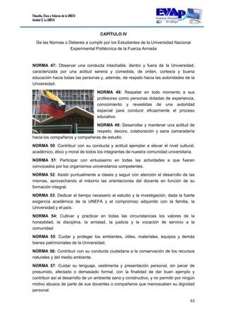 Filosofía, Ética y Valores de la UNEFA
Unidad 3: La UNEFA
63 
 
CAPÍTULO IV
De las Normas o Deberes a cumplir por los Estudiantes de la Universidad Nacional
Experimental Politécnica de la Fuerza Armada
NORMA 47: Observar una conducta intachable, dentro y fuera de la Universidad,
caracterizada por una actitud serena y comedida, de orden, cortesía y buena
educación hacia todas las personas y, además, de respeto hacia las autoridades de la
Universidad.
NORMA 48: Respetar en todo momento a sus
profesores como personas dotadas de experiencia,
conocimiento y revestidas de una autoridad
especial para conducir eficazmente el proceso
educativo.
NORMA 49: Desarrollar y mantener una actitud de
respeto, decoro, colaboración y sana camaradería
hacia los compañeros y compañeras de estudio.
NORMA 50: Contribuir con su conducta y actitud ejemplar a elevar el nivel cultural,
académico, ético y moral de todos los integrantes de nuestra comunidad universitaria.
NORMA 51: Participar con entusiasmo en todas las actividades a que fueren
convocados por los organismos universitarios competentes.
NORMA 52: Asistir puntualmente a clases y seguir con atención el desarrollo de las
mismas, aprovechando al máximo las orientaciones del docente en función de su
formación integral.
NORMA 53: Dedicar el tiempo necesario al estudio y la investigación, dada la fuerte
exigencia académica de la UNEFA y el compromiso adquirido con la familia, la
Universidad y el país.
NORMA 54: Cultivar y practicar en todas las circunstancias los valores de la
honestidad, la disciplina, la amistad, la justicia y la vocación de servicio a la
comunidad.
NORMA 55: Cuidar y proteger los ambientes, útiles, materiales, equipos y demás
bienes patrimoniales de la Universidad.
NORMA 56: Contribuir con su conducta ciudadana a la conservación de los recursos
naturales y del medio ambiente.
NORMA 57: Cuidar su lenguaje, vestimenta y presentación personal, sin pecar de
presumido, afectado o demasiado formal, con la finalidad de dar buen ejemplo y
contribuir así al desarrollo de un ambiente sano y constructivo, y no permitir por ningún
motivo abusos de parte de sus docentes o compañeros que menoscaben su dignidad
personal.
 