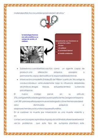 materialprofiláctico incurriráenprisióndede2 a8 años.”

Sobreelvivo,cuandoeltóxicoactúa como
producir una

alteración

un agente capaz de

psíquica,

pasajera

o

permanente,capaz demodificar la responsabilidadcriminal.
Intoxicacióncomodelito.Enlaley30 de1986en suarticulo 34;castiga la
conduccióndeun vehículodemotor bajo la influencia debebidas
alcohólicas,drogas

tóxicas,

estupefacienteso

sustancias

psicotrópicas.
El

nuevo

código

penal,

en

su

artículo

376,castigaeltráficodedrogastóxicasyestupefacientes.Seagravanlaspena
s,Art.381,paraaquellosquepromuevenladrogadicciónentremenoresdeed
ad,o

disminuidos

psíquicos

o

seaprovechendesuscircunstanciasparadifundirlas.
En el cadáver; la muerte por intoxicación es una muerte violenta y
en
consecuencia,espreceptivalaautopsiajudicial.Elmédicoforensedeberesol
ver los

problemas

que

este

tipo

de

autopsias plantean; este

 