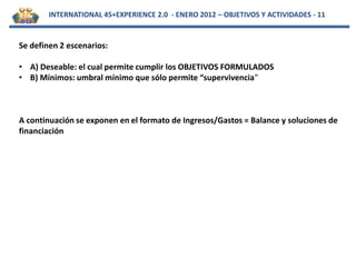 INTERNATIONAL 45+EXPERIENCE 2.0 - ENERO 2012 – OBJETIVOS Y ACTIVIDADES - 11


Se definen 2 escenarios:

• A) Deseable: el cual permite cumplir los OBJETIVOS FORMULADOS
• B) Mínimos: umbral mínimo que sólo permite “supervivencia”



A continuación se exponen en el formato de Ingresos/Gastos = Balance y soluciones de
financiación
 