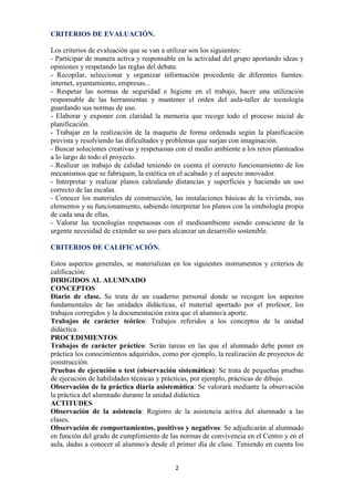 CRITERIOS DE EVALUACIÓN.

Los criterios de evaluación que se van a utilizar son los siguientes:
- Participar de manera activa y responsable en la actividad del grupo aportando ideas y
opiniones y respetando las reglas del debate.
- Recopilar, seleccionar y organizar información procedente de diferentes fuentes:
internet, ayuntamiento, empresas...
- Respetar las normas de seguridad e higiene en el trabajo, hacer una utilización
responsable de las herramientas y mantener el orden del aula-taller de tecnología
guardando sus normas de uso.
- Elaborar y exponer con claridad la memoria que recoge todo el proceso inicial de
planificación.
- Trabajar en la realización de la maqueta de forma ordenada según la planificación
prevista y resolviendo las dificultades y problemas que surjan con imaginación.
- Buscar soluciones creativas y respetuosas con el medio ambiente a los retos planteados
a lo largo de todo el proyecto.
- Realizar un trabajo de calidad teniendo en cuenta el correcto funcionamiento de los
mecanismos que se fabriquen, la estética en el acabado y el aspecto innovador.
- Interpretar y realizar planos calculando distancias y superficies y haciendo un uso
correcto de las escalas.
- Conocer los materiales de construcción, las instalaciones básicas de la vivienda, sus
elementos y su funcionamiento, sabiendo interpretar los planos con la simbología propia
de cada una de ellas.
- Valorar las tecnologías respetuosas con el medioambiente siendo consciente de la
urgente necesidad de extender su uso para alcanzar un desarrollo sostenible.

CRITERIOS DE CALIFICACIÓN.

Estos aspectos generales, se materializan en los siguientes instrumentos y criterios de
calificación:
DIRIGIDOS AL ALUMNADO
CONCEPTOS
Diario de clase. Se trata de un cuaderno personal donde se recogen los aspectos
fundamentales de las unidades didácticas, el material aportado por el profesor, los
trabajos corregidos y la documentación extra que el alumno/a aporte.
Trabajos de carácter teórico: Trabajos referidos a los conceptos de la unidad
didáctica.
PROCEDIMIENTOS
Trabajos de carácter práctico: Serán tareas en las que el alumnado debe poner en
práctica los conocimientos adquiridos, como por ejemplo, la realización de proyectos de
construcción.
Pruebas de ejecución o test (observación sistemática): Se trata de pequeñas pruebas
de ejecución de habilidades técnicas y prácticas, por ejemplo, prácticas de dibujo.
Observación de la práctica diaria asistemática: Se valorará mediante la observación
la práctica del alumnado durante la unidad didáctica.
ACTITUDES
Observación de la asistencia: Registro de la asistencia activa del alumnado a las
clases.
Observación de comportamientos, positivos y negativos: Se adjudicarán al alumnado
en función del grado de cumplimiento de las normas de convivencia en el Centro y en el
aula, dadas a conocer al alumno/a desde el primer día de clase. Teniendo en cuenta los


                                           2
 