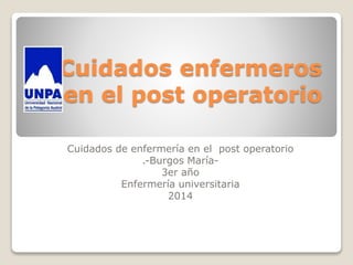 Cuidados enfermeros 
en el post operatorio 
Cuidados de enfermería en el post operatorio 
.-Burgos María- 
3er año 
Enfermería universitaria 
2014 
 