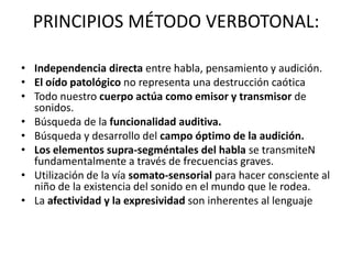 PRINCIPIOS MÉTODO VERBOTONAL:Independencia directa entre habla, pensamiento y audición.El oído patológico no representa una destrucción caóticaTodo nuestro cuerpo actúa como emisor y transmisor de sonidos.Búsqueda de la funcionalidad auditiva. Búsqueda y desarrollo del campo óptimo de la audición.Los elementos supra-segméntales del habla se transmiteN fundamentalmente a través de frecuencias graves.Utilización de la vía somato-sensorial para hacer consciente al niño de la existencia del sonido en el mundo que le rodea.La afectividad y la expresividad son inherentes al lenguaje