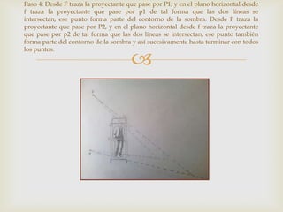 Paso 4: Desde F traza la proyectante que pase por P1, y en el plano horizontal desde
f traza la proyectante que pase por p1 de tal forma que las dos líneas se
intersectan, ese punto forma parte del contorno de la sombra. Desde F traza la
proyectante que pase por P2, y en el plano horizontal desde f traza la proyectante
que pase por p2 de tal forma que las dos líneas se intersectan, ese punto también
forma parte del contorno de la sombra y así sucesivamente hasta terminar con todos
los puntos.



 