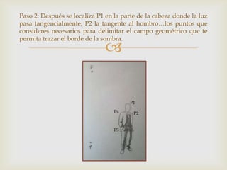 
Paso 2: Después se localiza P1 en la parte de la cabeza donde la luz
pasa tangencialmente, P2 la tangente al hombro…los puntos que
consideres necesarios para delimitar el campo geométrico que te
permita trazar el borde de la sombra.
P4
P3
P2
P1
 