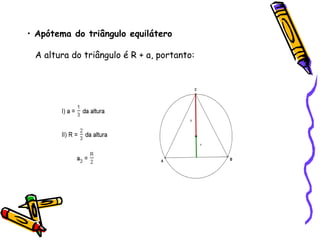 • Apótema do triângulo equilátero

 A altura do triângulo é R + a, portanto:
 
