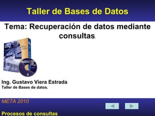 Taller de Bases de Datos META 2010 Procesos de consultas Tema: Recuperación de datos mediante consultas . Ing. Gustavo Viera Estrada  Taller de Bases de datos. 