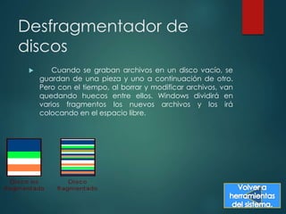 Desfragmentador de 
discos 
 Cuando se graban archivos en un disco vacío, se 
guardan de una pieza y uno a continuación de otro. 
Pero con el tiempo, al borrar y modificar archivos, van 
quedando huecos entre ellos. Windows dividirá en 
varios fragmentos los nuevos archivos y los irá 
colocando en el espacio libre. 
 