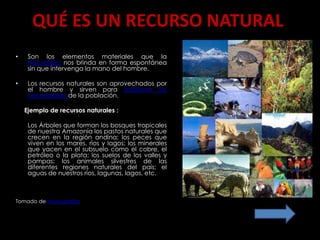 QUÉ ES UN RECURSO NATURAL
•    Son los elementos materiales que la
     Naturaleza nos brinda en forma espontánea
     sin que intervenga la mano del hombre.

•    Los recursos naturales son aprovechados por
     el hombre y sirven para satisfacer las
     necesidades de la población.

    Ejemplo de recursos naturales :

     Los Árboles que forman los bosques tropicales
     de nuestra Amazonía los pastos naturales que
     crecen en la región andina; los peces que
     viven en los mares, ríos y lagos; los minerales
     que yacen en el subsuelo como el cobre, el
     petróleo o la plata; los suelos de los valles y
     pampas; los animales silvestres de las
     diferentes regiones naturales del país; el
     aguas de nuestros ríos, lagunas, lagos, etc.



Tomado de Monografías
 