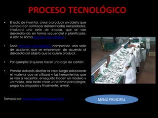 PROCESO TECNOLÓGICO
•   El acto de inventar, crear o producir un objeto que
    cumpla con satisfacer determinadas necesidades,
    involucra una serie de etapas, que se van
    desarrollando en forma secuencial y planificada.
    A esto se llama proceso tecnológico.

•   Todo proceso tecnológico comprende una serie
    de acciones que se emprenden de acuerdo al
    desarrollo del objeto que se quiere producir.

•   Por ejemplo: Si quieres hacer una caja de cartón:

•   Primero deberás diseñar la caja, luego seleccionar
    el material que se utilizará y las herramientas que
    se van a necesitar, enseguida hacen un modelo y
    un molde, más tarde crear un sistema para plegar,
    pegar los plegados y finalmente, armar.



Tomado de www.anagalda.blogia.com                         MENÚ PRINCIPAL
 