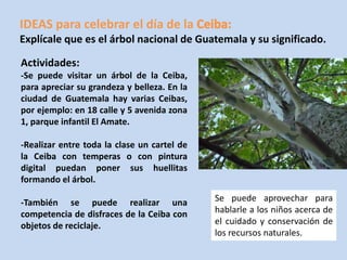 IDEAS para celebrar el día de la 
Explícale que es el árbol nacional de Guatemala y su significado. 
Actividades: 
-Se puede visitar un árbol de la Ceiba, 
para apreciar su grandeza y belleza. En la 
ciudad de Guatemala hay varias Ceibas, 
por ejemplo: en 18 calle y 5 avenida zona 
1, parque infantil El Amate. 
-Realizar entre toda la clase un cartel de 
la Ceiba con temperas o con pintura 
digital puedan poner sus huellitas 
formando el árbol. 
-También se puede realizar una 
competencia de disfraces de la Ceiba con 
objetos de reciclaje. 
Se puede aprovechar para 
hablarle a los niños acerca de 
el cuidado y conservación de 
los recursos naturales. 
 