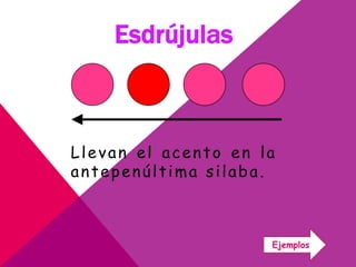 Esdrújulas
Llevan el acento en la
antepenúltima silaba.
Ejemplos
 