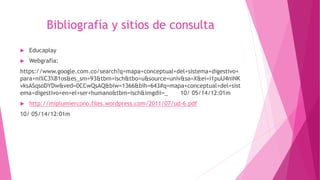 Bibliografía y sitios de consulta
 Educaplay
 Webgrafía:
https://www.google.com.co/search?q=mapa+conceptual+del+sistema+digestivo+
para+ni%C3%B1os&es_sm=93&tbm=isch&tbo=u&source=univ&sa=X&ei=i1puU4niNK
vksASqsoDYDw&ved=0CCwQsAQ&biw=1366&bih=643#q=mapa+conceptual+del+sist
ema+digestivo+en+el+ser+humano&tbm=isch&imgdii=_ 10/ 05/14/12:01m
 http://miplumiercono.files.wordpress.com/2011/07/ud-6.pdf
10/ 05/14/12:01m
 
