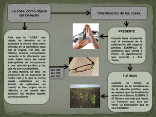 PRESENTE
Cuando tiene existencia
real al momento de la
celebración del negocio
jurídico. EJEMPLO: El
automóvil que vendo a
Pedro. El Apartamento
que arriendo a Ana
Temis.
FUTURAS
Cuando no existe, al
momento de la constitución
de la relación jurídica, pero
se espera que racionalmente
exista en el futuro. EJEMPLO:
El Ternero que esta por nacer,
La Cosecha que esta por
venir, La Edificación que se
va a construir.
Clasificación de las cosas
La cosa, como objeto
del Derecho
Art. 525
Art. 530
Art. 533
Para que la “COSA” sea
objeto de derecho en la
sociedad la misma debe estar
inmersa en la normativa legal
que la regula. Por ello, los
citados autores comentaban
respecto a la diferencia que
debe haber entre las cosas
susceptibles de incorporarse
a una relación jurídica y las
que no son susceptibles.
De esta manera, se está en
presencia de un supuesto de
hecho real y lo que la norma
pueda establecer en su
ámbito de aplicación en
cuanto al bien objeto de la
relación, y así pueda ésta
producir los efectos legales
correspondiente
 