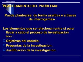 Objeto de estudio
PLANTEAMIENTO DEL PROBLEMA:
Puede plantearse: de forma asertiva o a traves
de interrogantes-
Los elementos que se relacionan entre si para
llevar a cabo el proceso de investigacion
son :
 Objetivos del estudio.
 Preguntas de la investigacion .
 Justificacion de la investigacion .
 
