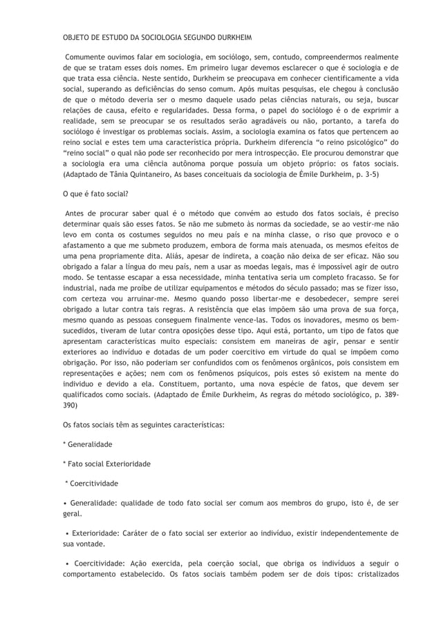 Objeto de estudo da sociologia segundo durkheim PDF