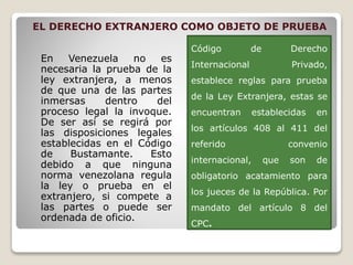 EL DERECHO EXTRANJERO COMO OBJETO DE PRUEBA
En Venezuela no es
necesaria la prueba de la
ley extranjera, a menos
de que una de las partes
inmersas dentro del
proceso legal la invoque.
De ser así se regirá por
las disposiciones legales
establecidas en el Código
de Bustamante. Esto
debido a que ninguna
norma venezolana regula
la ley o prueba en el
extranjero, si compete a
las partes o puede ser
ordenada de oficio.
Código de Derecho
Internacional Privado,
establece reglas para prueba
de la Ley Extranjera, estas se
encuentran establecidas en
los artículos 408 al 411 del
referido convenio
internacional, que son de
obligatorio acatamiento para
los jueces de la República. Por
mandato del artículo 8 del
CPC.
 