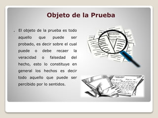Objeto de la Prueba
. El objeto de la prueba es todo
aquello que puede ser
probado, es decir sobre el cual
puede o debe recaer la
veracidad o falsedad del
hecho, esto lo constituye en
general los hechos es decir
todo aquello que puede ser
percibido por lo sentidos.
 