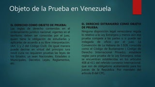 Objeto de la Prueba en Venezuela
EL DERECHO COMO OBJETO DE PRUEBA:
Las reglas de derecho contenidas en el
ordenamiento jurídico nacional, vigentes en el
territorio, deben ser conocidas por el juez,
quien tiene la obligación de estudiarlas y
aplicarlas de acuerdo a su libre interpretación.
(Art. 1 y 2 del Código Civil). De igual manera
puede decirse en virtud del principio iura
novit curia no requieren pruebas las leyes de
los Estados, ya sean Nacionales, Estadales o
Municipales, Decretos Leyes, Reglamentos,
etc.
EL DERECHO EXTRANJERO COMO OBJETO
DE PRUEBA:
Ninguna disposición legal venezolana regula
lo relativo a la Ley Extranjera y menos aún esa
prueba compete a las partes o si puede ser
indagada de oficio por el juez. La
Convención de La Habana de 1.928, conocida
como el Código de Bustamante ( Código de
Derecho Internacional Privado), establece
reglas para prueba de la Ley Extranjera, estas
se encuentran establecidas en los artículos
408 al 411 del referido convenio internacional,
que son de obligatorio acatamiento para los
jueces de la República. Por mandato del
artículo 8 del CPC.
 