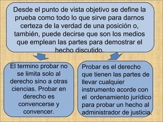 Desde el punto de vista objetivo se define la
prueba como todo lo que sirve para darnos
certeza de la verdad de una posición o,
también, puede decirse que son los medios
que emplean las partes para demostrar el
hecho discutido.
El termino probar no
se limita solo al
derecho sino a otras
ciencias. Probar en
derecho es
convencerse y
convencer.
Probar es el derecho
que tienen las partes de
llevar cualquier
instrumento acorde con
el ordenamiento jurídico
para probar un hecho al
administrador de justicia.
 