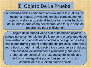 El Objeto De La Prueba
Lo podemos definir como todo aquello sobre lo cual puede
recaer la prueba, deviniendo en algo completamente
objetivo y abstracto, extendiéndose tanto a los hechos
del mundo interno como del externo, con tal que sean de
importancia para el dictamen.
El objeto de la prueba viene a ser una noción objetiva,
porque no se contempla en ella la persona o parte que debe
suministrar la prueba de esos hechos o de alguno de ellos,
sino el panorama general probatorio del proceso, pero recae
sobre hechos determinados sobre los cuales versa el debate
o la cuestión voluntariamente planteada y que debe
probarse, por constituir el presupuesto de los efectos
jurídicos perseguidos por ambas partes, sin cuyo
conocimiento el Juez no puede decidir.
 