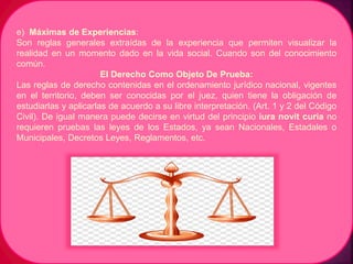 e) Máximas de Experiencias:
Son reglas generales extraídas de la experiencia que permiten visualizar la
realidad en un momento dado en la vida social. Cuando son del conocimiento
común.
El Derecho Como Objeto De Prueba:
Las reglas de derecho contenidas en el ordenamiento jurídico nacional, vigentes
en el territorio, deben ser conocidas por el juez, quien tiene la obligación de
estudiarlas y aplicarlas de acuerdo a su libre interpretación. (Art. 1 y 2 del Código
Civil). De igual manera puede decirse en virtud del principio iura novit curia no
requieren pruebas las leyes de los Estados, ya sean Nacionales, Estadales o
Municipales, Decretos Leyes, Reglamentos, etc.
 