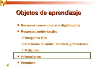 Objetos de aprendizaje Recursos convencionales digitalizados Recursos audiovisuales Imágenes fijas Recursos de audio: sonidos, grabaciones Películas Animaciones Prácticas 