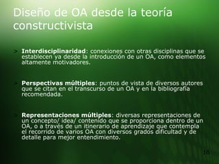 Diseño de OA desde la teoría constructivista Interdisciplinaridad : conexiones con otras disciplinas que se establecen ya desde la introducción de un OA, como elementos altamente motivadores.  Perspectivas múltiples : puntos de vista de diversos autores que se citan en el transcurso de un OA y en la bibliografía recomendada. Representaciones múltiples : diversas representaciones de un concepto/ idea/ contenido que se proporciona dentro de un OA, o a través de un itinerario de aprendizaje que contempla el recorrido de varios OA con diversos grados dificultad y de detalle para mejor entendimiento.   