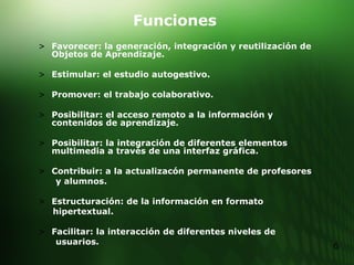 Funciones Favorecer: la generación, integración y reutilización de Objetos de Aprendizaje. Estimular: el estudio autogestivo. Promover: el trabajo colaborativo. Posibilitar: el acceso remoto a la información y contenidos de aprendizaje. Posibilitar: la integración de diferentes elementos multimedia a través de una interfaz gráfica. Contribuir: a la actualizacón permanente de profesores y alumnos. Estructuración: de la información en formato hipertextual. Facilitar: la interacción de diferentes niveles de usuarios. 