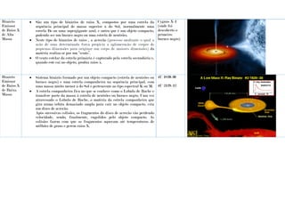 Binário
Emissor
de Raios X
de Alta
Massa
 São um tipo de binários de raios X, compostos por uma estrela da
sequência principal de massa superior à do Sol, normalmente uma
estrela Be ou uma supergigante azul, e outra que é um objeto compacto,
podendo ser um buraco negro ou uma estrela de neutrões.
 Neste tipo de binários de raios , a acreção (processo mediante o qual a
ação de uma determinada força propicia a aglomeração de corpos de
pequenas dimensões para originar um corpo de maiores dimensões) da
matéria realiza-se por um “vento”.
 O vento estelar da estrela primária é capturado pela estrela secundária e,
quando este cai no objeto, produz raios x.
Cygnus X-1
(onde foi
descoberto o
primeiro
buraco negro)
Binário
Emissor
de Raios X
de Baixa
Massa
 Sistema binário formado por um objeto compacto (estrela de neutrões ou
buraco negro) e uma estrela companheira na sequência principal, com
uma massa muito menor à do Sol e pertencente ao tipo espectral K ou M.
 A estrela companheira fica no que se conhece como o Lóbulo de Roche e
transfere parte da massa á estrela de neutrões ou buraco negro. Uma vez
atravessado o Lóbulo de Roche, a matéria da estrela companheira que
gira numa órbita demasiado ampla para cair no objeto compacto, cria
um disco de acreção.
Após sucessivas colisões, os fragmentos do disco de acreção vão perdendo
velocidade, sendo, finalmente, engolidos pelo objeto compacto. As
colisões fazem com que os fragmentos aqueçam até temperaturas de
milhões de graus e gerem raios X.
4U 1820-30
4U 2129+12
 