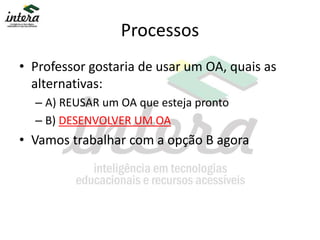 Processos
• Professor gostaria de usar um OA, quais as
alternativas:
– A) REUSAR um OA que esteja pronto
– B) DESENVOLVER UM OA
• Vamos trabalhar com a opção B agora
 