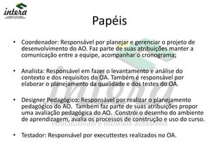 Papéis
• Coordenador: Responsável por planejar e gerenciar o projeto de
desenvolvimento do AO. Faz parte de suas atribuições manter a
comunicação entre a equipe, acompanhar o cronograma;
• Analista: Responsável em fazer o levantamento e análise do
contexto e dos requisitos do OA. Também é responsável por
elaborar o planejamento da qualidade e dos testes do OA.
• Designer Pedagógico: Responsável por realizar o planejamento
pedagógico do AO. Também faz parte de suas atribuições propor
uma avaliação pedagógica do AO. Constrói o desenho do ambiente
de aprendizagem, avalia os processos de construção e uso do curso.
• Testador: Responsável por executtestes realizados no OA.
 