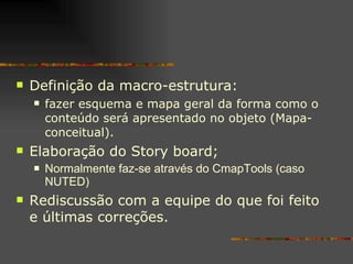 Definição   da macro-estrutura:  fazer esquema e mapa geral da forma como o conteúdo será apresentado no objeto (Mapa-conceitual). Elaboração do Story board; Normalmente faz-se através do CmapTools (caso NUTED) Rediscussão com a equipe do que foi feito e últimas correções. 