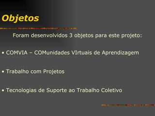 Objetos Foram desenvolvidos 3 objetos para este projeto: COMVIA – COMunidades VIrtuais de Aprendizagem Trabalho com Projetos Tecnologias de Suporte ao Trabalho Coletivo 