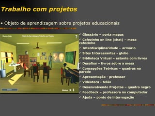 Trabalho com projetos Objeto de aprendizagem sobre projetos educacionais Glossário – porta mapas Cafezinho on line (chat) – mesa cafezinho Interdisciplinaridade – armário Sites Interessantes - globo Biblioteca Virtual – estante com livros Desafios – livros sobre a mesa Concepções Teóricas – quadros na parede Apresentação - professor Videoteca - telão Desenvolvendo Projetos – quadro negro Feedback – professora no computador Ajuda – ponto de interrogação 